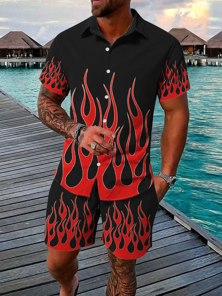 Setelan baju pantai lengan pendek Hawai pria, kemeja lengan pendek dan celana pendek pantai motif api 3D, baju kasual musim panas, celana pendek olahraga harian