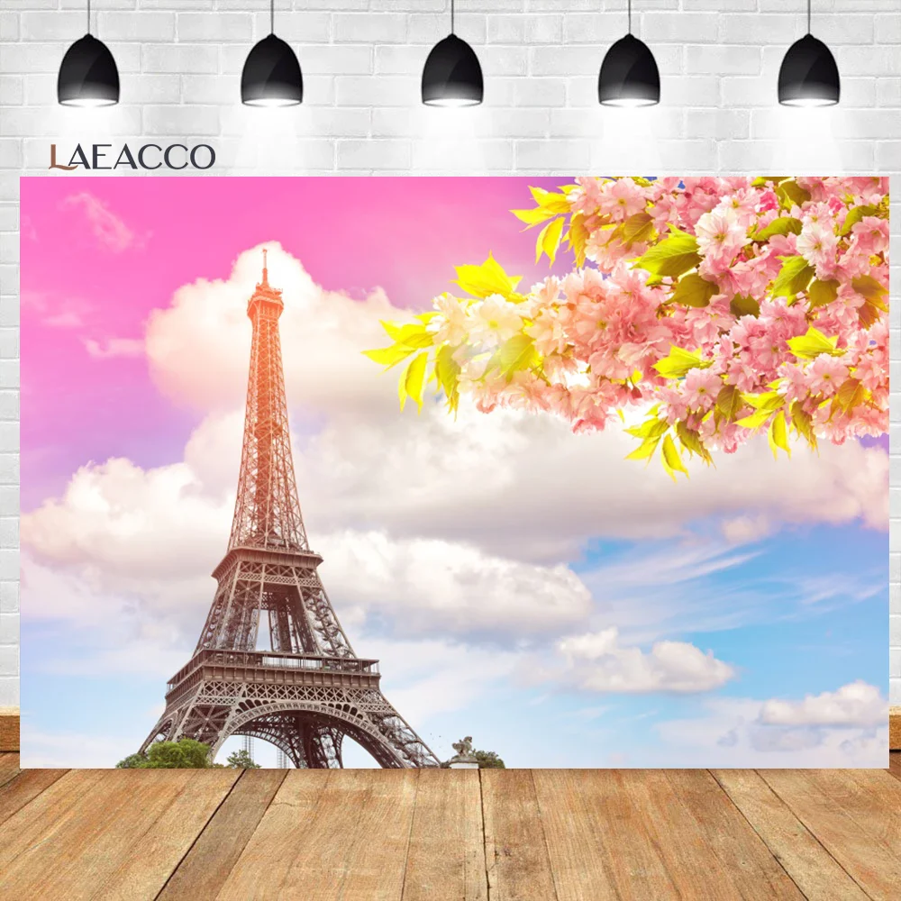 Laeacco-sesión fotográfica de cumpleaños para bebé recién nacido, telones de fondo personalizados con flores de la Torre Eiffel de París, rosa, utilería