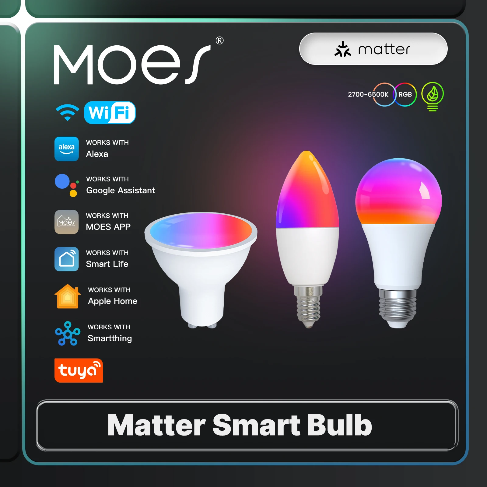 MOES Tuya Matter WiFi Smart Bulb GU10/E27/E14 Dimmable Led Light Candle Lamp 16 Million RGB C+W Colors Support Alexa Google Home