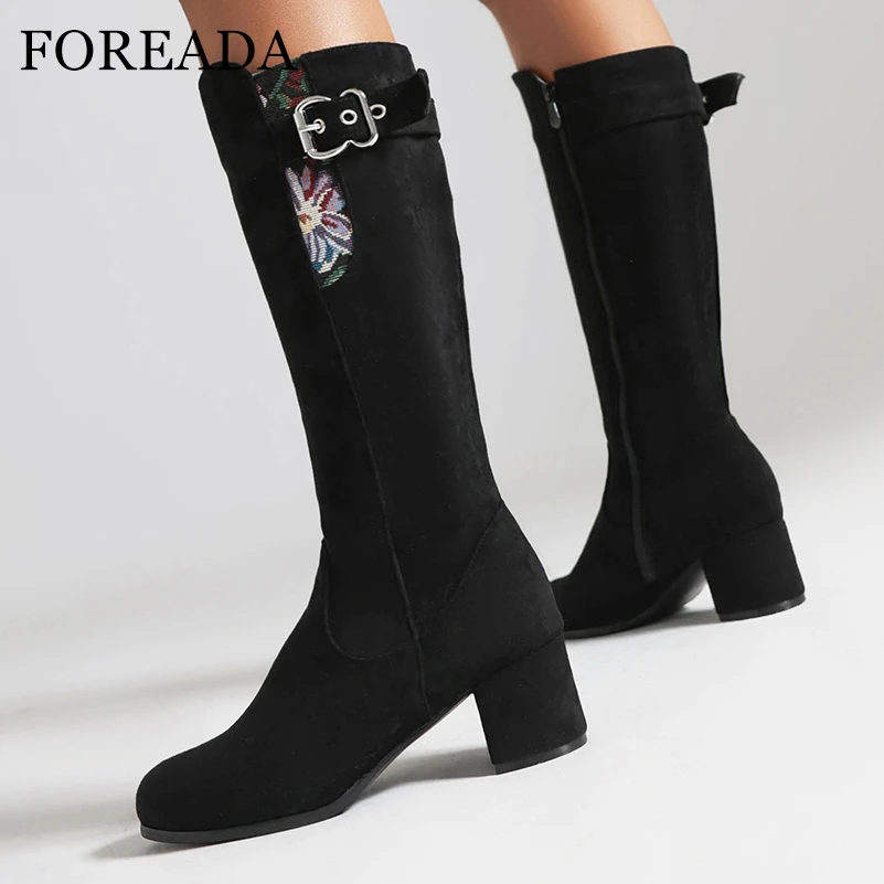 

FOREADA Women Knee High Long Boots Round Toe Thick High Heels Buckle Zipper Gogo Boot Ladies Fashion Shoes Winter Black Beige 43