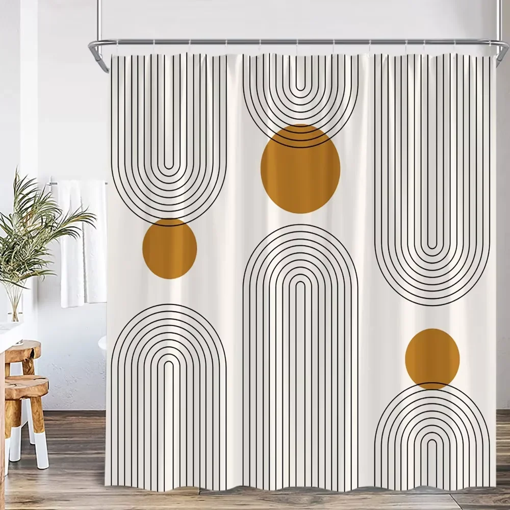 Nordic Minimalist Art Line Leaf theme Shower Curtain, Bathroom Decorative Curtain, Printed Polyester Home Curtain with Hooks