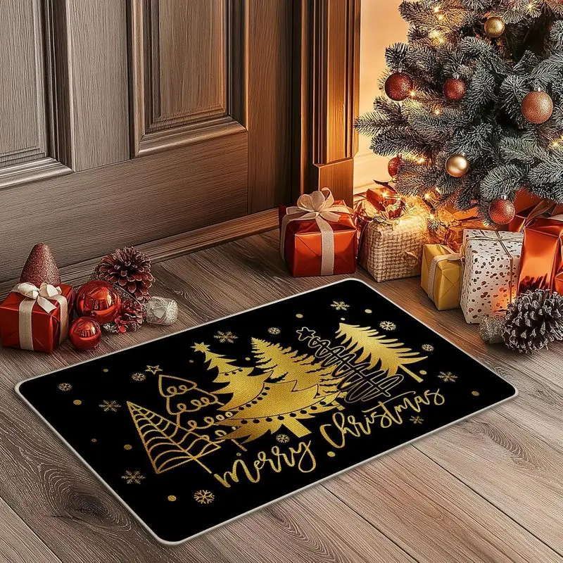 VIKAMA Black Gold Line Christmas Tree Rug for Entryway Hallway, Non Slip Durable Holiday Floor Mat Home Decor