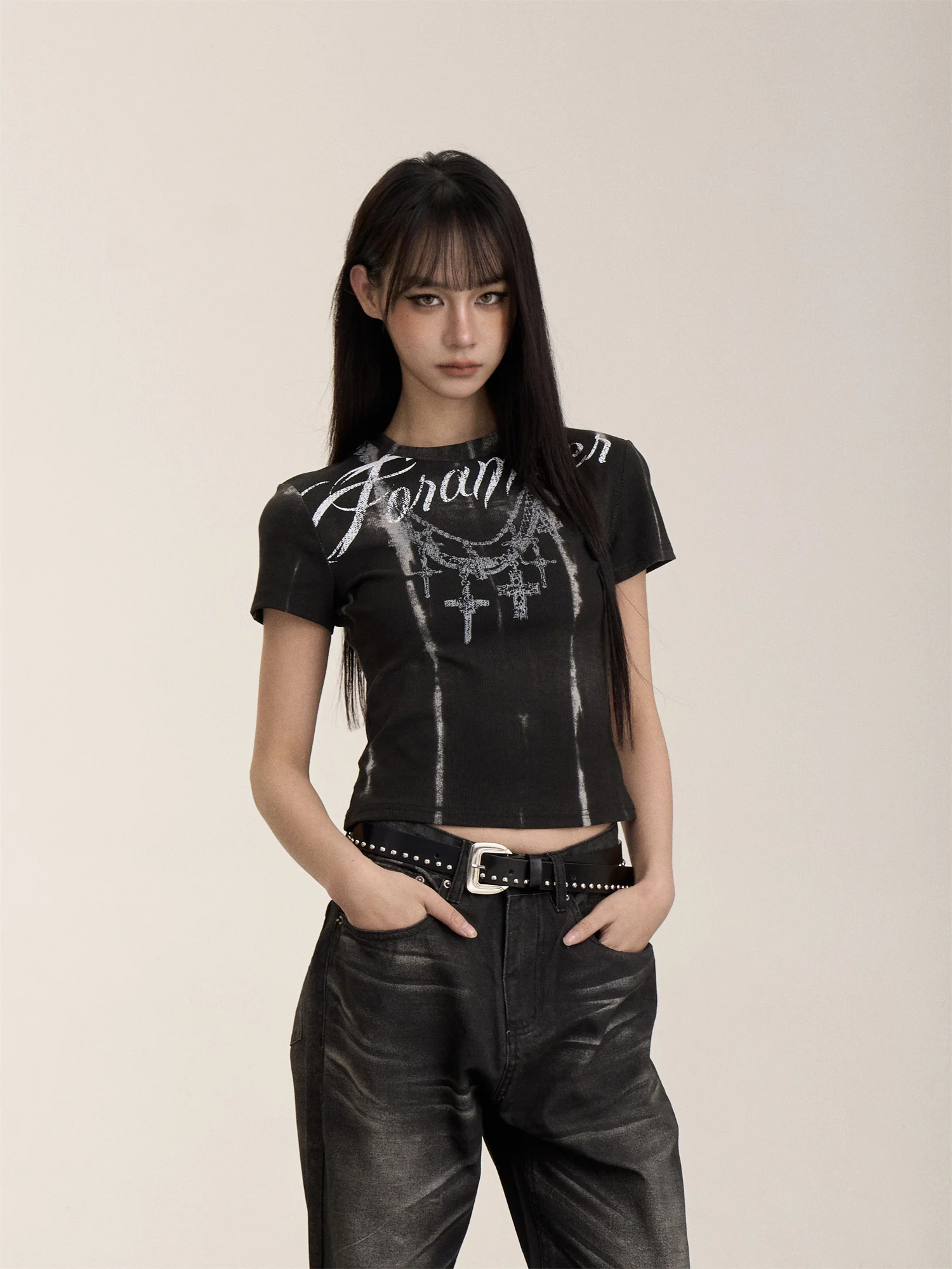 

Onlpp American Retro Punk Print Short Sleeve T-Shirt Women's Black Slim Fit Sexy Short round Neck Shoulder Level Top