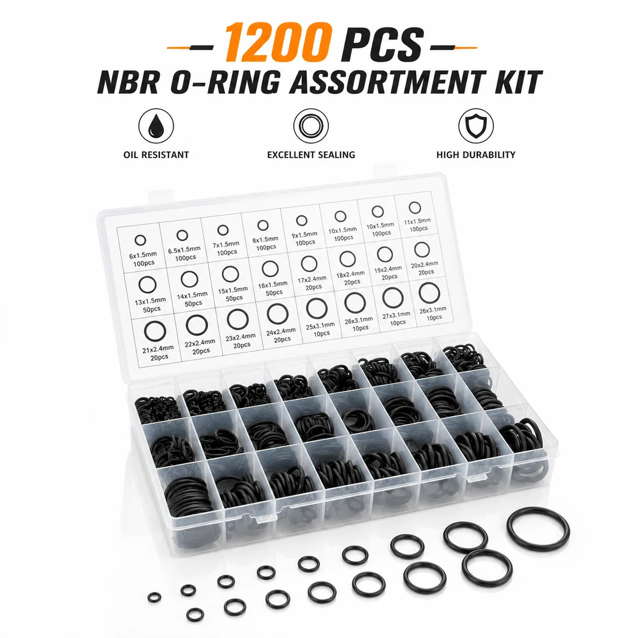 1200 Pieces of CS 1.5/2.4/3.1 Mm Outer Diameter 6-28 Mm O-ring Kit Waterproof and Oil Resistant Sealing Kit