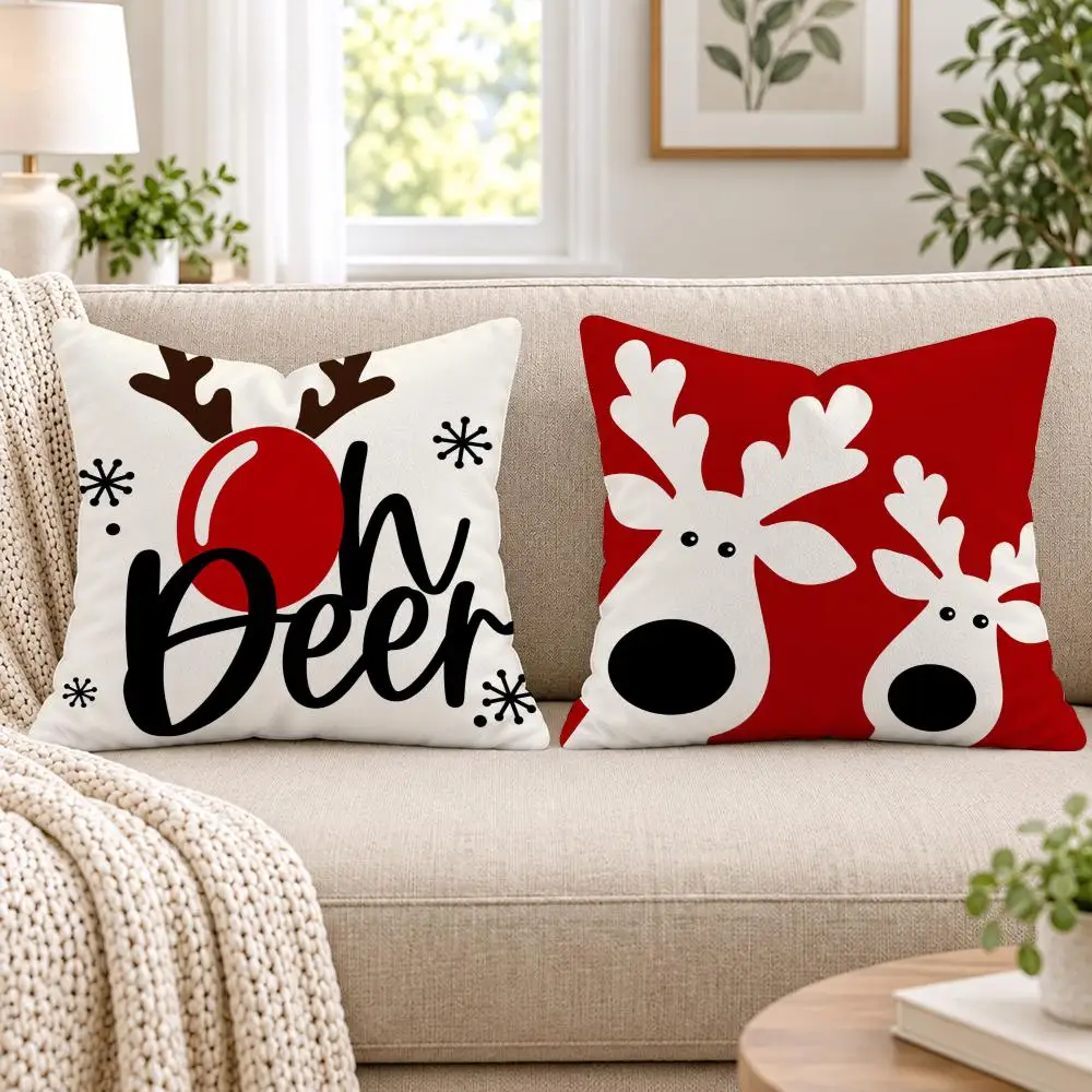 Christmas Reindeer in Santa Suit Ho Ho Ho Cushion Cover Soft Short Plush Pillow Cases Hidden Zipper Sofa Bedroom Home Decor Gift