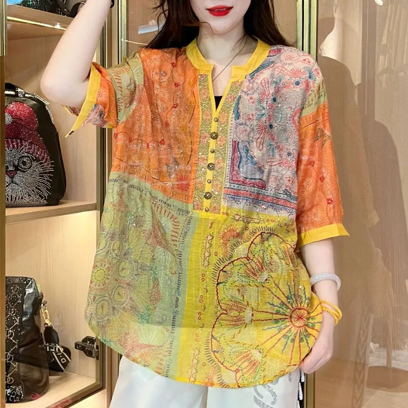 Casual Half Open Collar Blouse Beading Button Summer Vintage Printed Half Sleeve Female Clothing Loose Stylish Diamonds Shirt