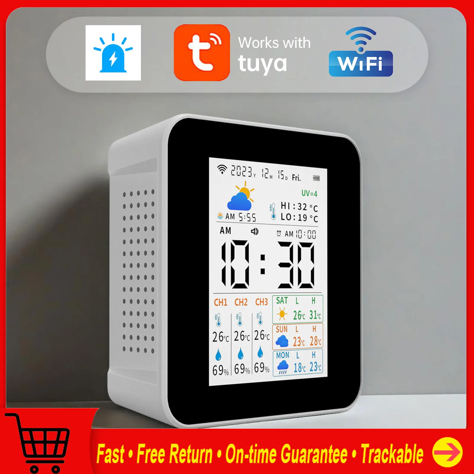 داخلي ميزان الحرارة في الهواء الطلق اللاسلكية تويا محطة الطقس 3 قطعة أجهزة الاستشعار الرطوبة ومقياس درجة الحرارة في الوقت الحقيقي توقعات رصد #1