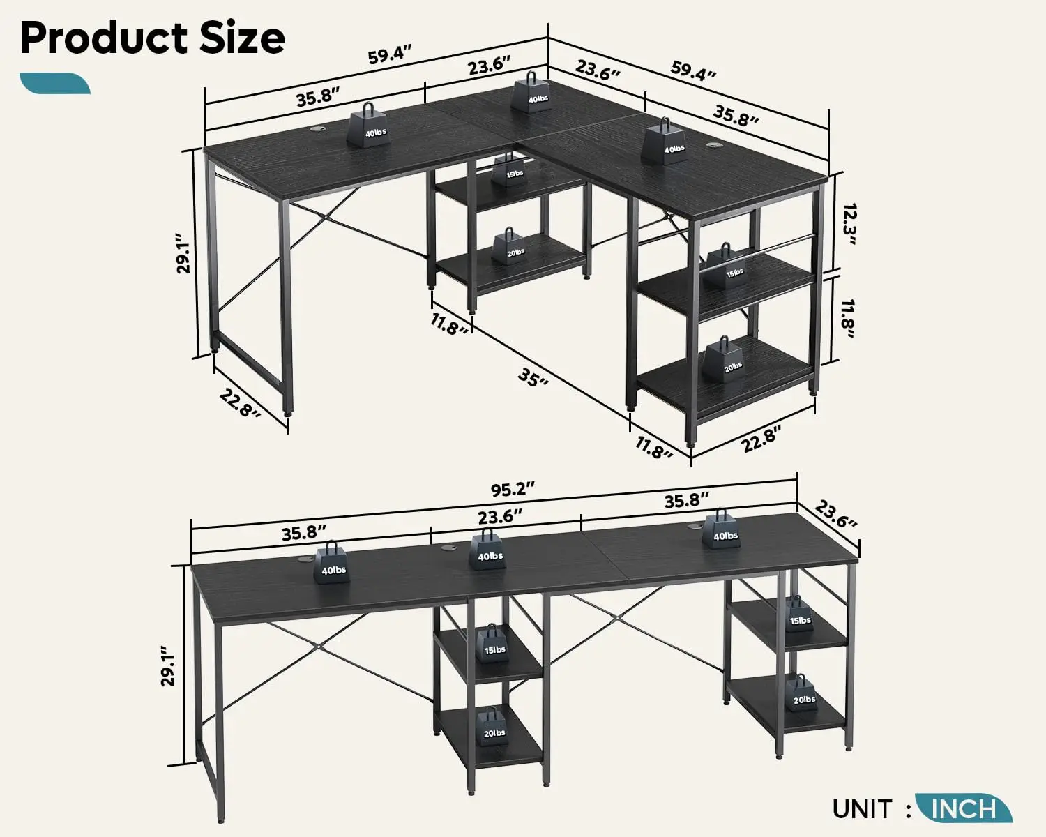 L Shaped Desk Reversible Corner Computer Desk 2 Person Table Adjustable Shelves Workstation 3 Cable Holes, Customized