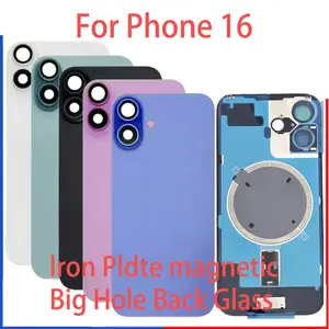 Bilashmart Big Hole Back Glass Cover Iphone 16 with Iron Frame Magnetic Ring Wireless Charging Coil with Back Waterproof Sticker