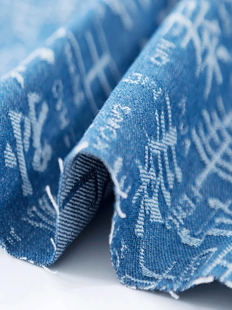 Chinese Characters Pure Cotton Jacquard Denim Fabric Jacket Designer Clothing Apron Pants Handmade DIY by Half Meter