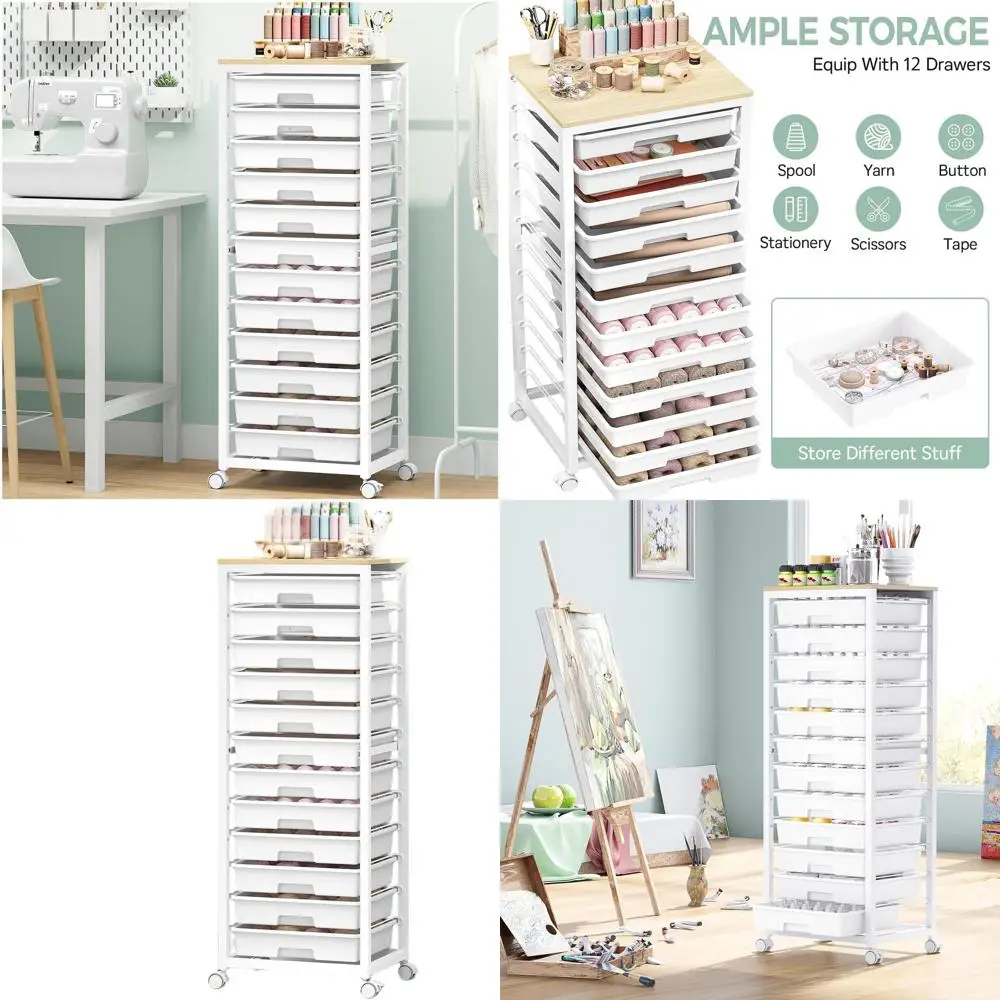 

Белая тележка на колесиках с 12 ящиками и деревянной столешницей для хранения в классе и поделок