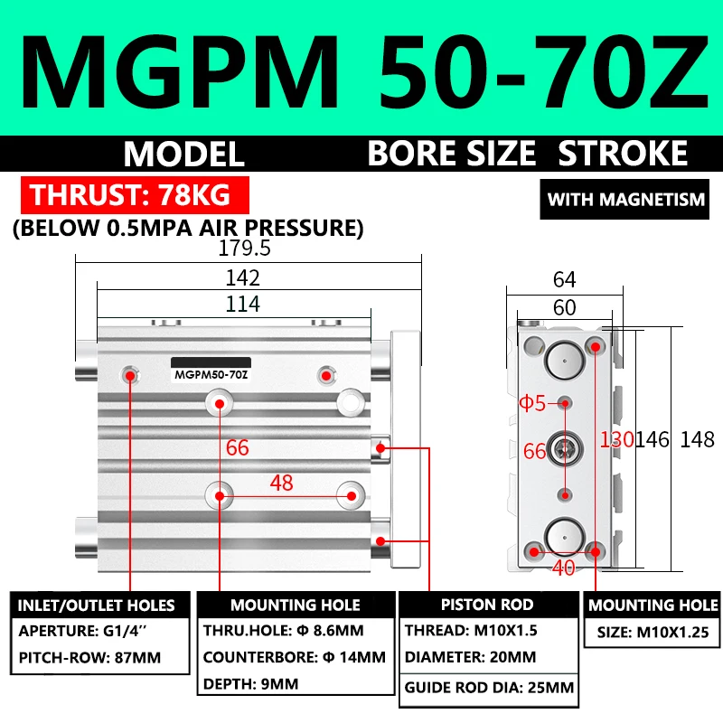ABILKEEN MGPM Pneumatic Compact Guide Air Cylinder MGPM50-75Z 50MM Bore X 75MM Stroke Thin Three Axis Three Rod Air Cylinder