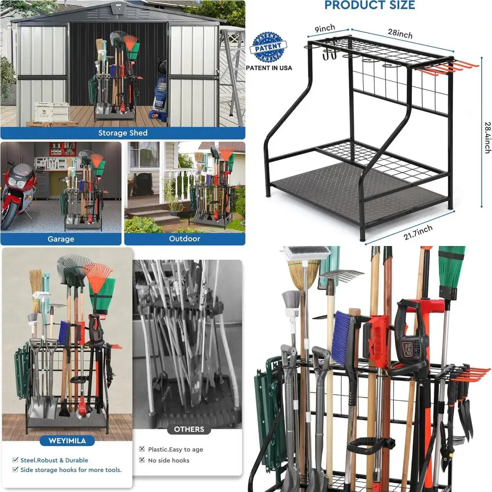 

Heavy-Duty Black Steel Garden Tool Organizer, Shed & Outdoor Storage, Holds Up to 58 Long Tools