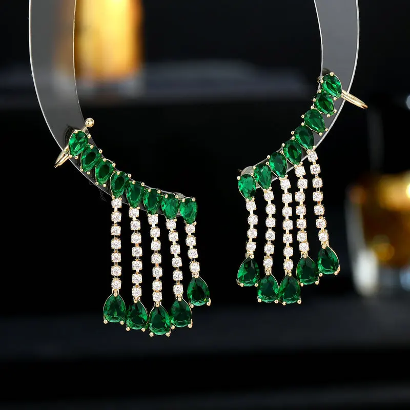 

Ear Cuff with Post green pink small water drop tassel pendant unique earrings for women
