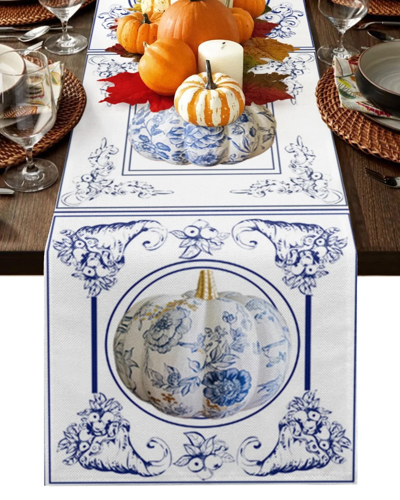 Thanksgiving Autumn Oil Painted Pumpkin Table Runner Home Wedding Table Flag Mat Table Centerpieces Decoration Party Tablecloth