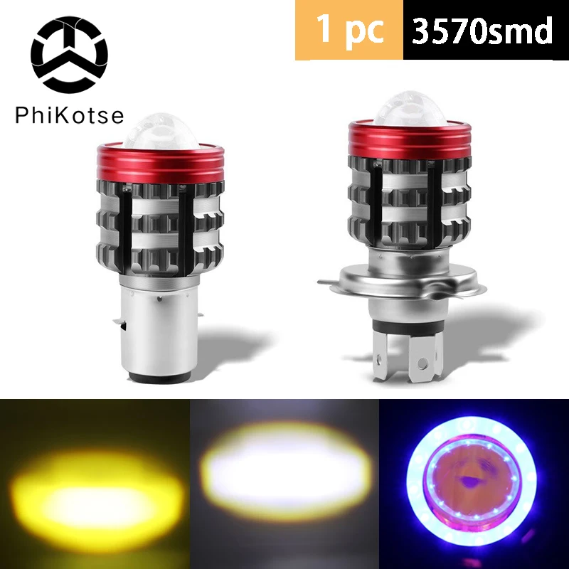 PhiKotse 1 Pc H4 Motorcycle Headlight Bulb Dual Color White Yellow BA20D H16 CSP 3570 Led Headlight with Angel Eye