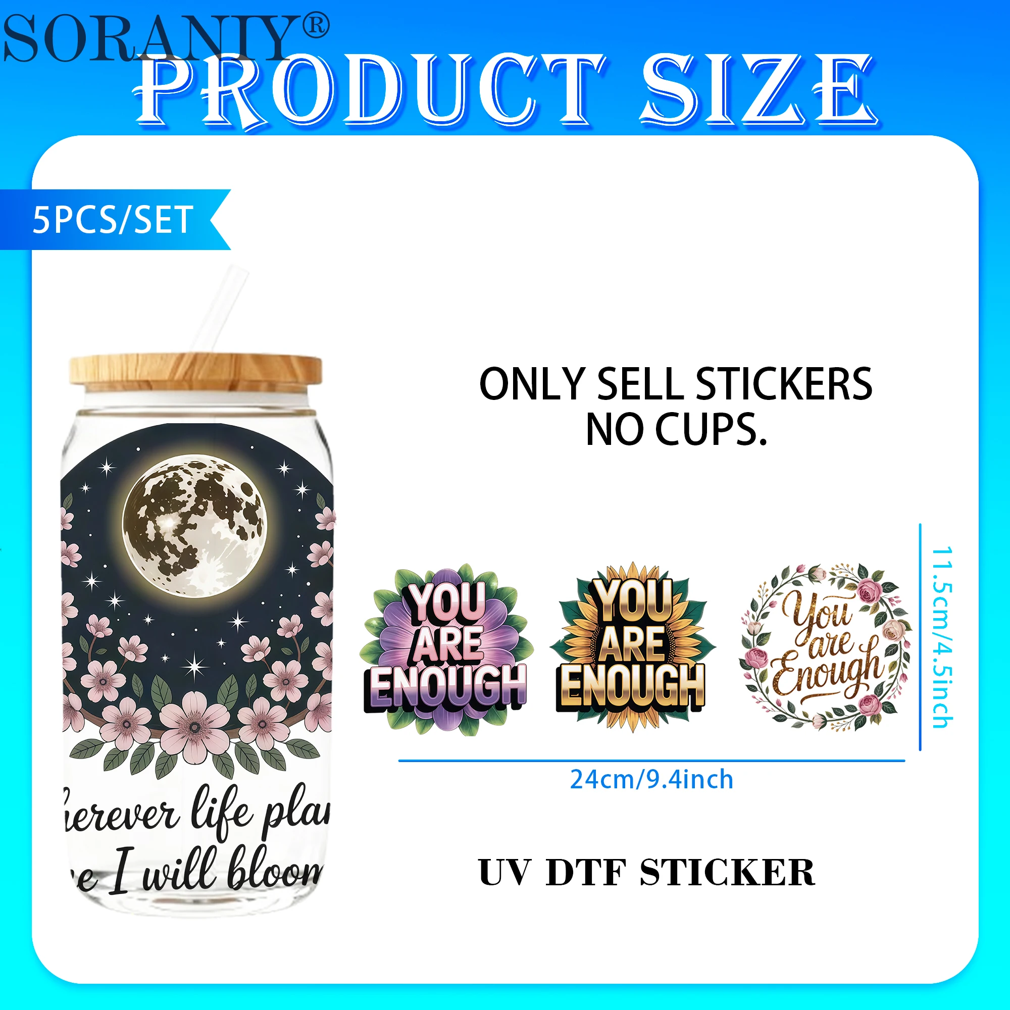 UV DTF 16OZ DIY Transfer Stickers - 5 Pieces/Set Positive Quotes  Theme 16 Oz Glass Jar Packaging Transfer Decorative Paper UV D