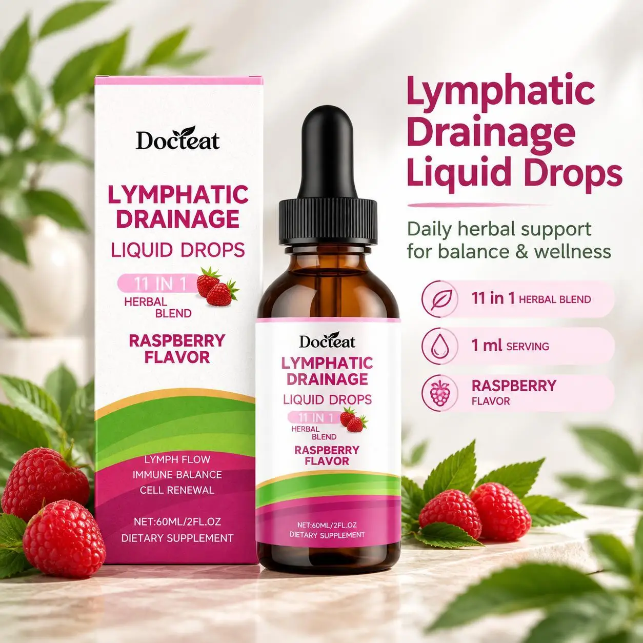 Support Healthy Lymph Flow & Fluid Balance, Docteat Lymphatic Drainage Liquid Drops 11-in-1 Herbal Blend, Raspberry Flavor, 60ML