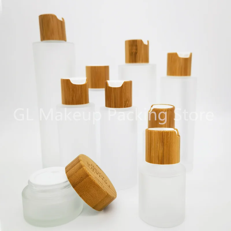 160* cosmetic packaging containers bamboo cap frosted glass toner bottle bamboo dropper bottles  20ml 30ml 40ml 60ml 80ml 100ml