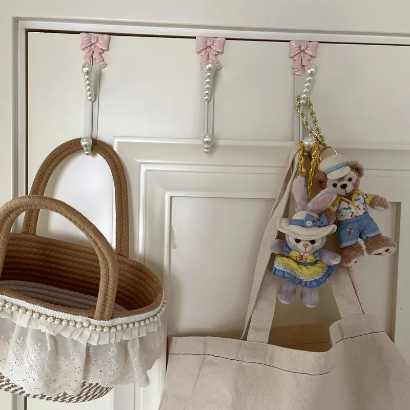 European Pink Bow Hook Door Back Type Non Perforated Hanging Clothes Rack Towel Storage Rack Entrance Door Jacket Metal Hook