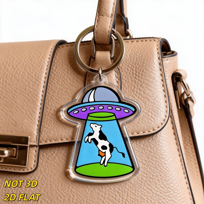 2D Flat UFO Cow Keychain – Blue Acrylic Lightweight, Fun Alien Theme Novelty Accessory