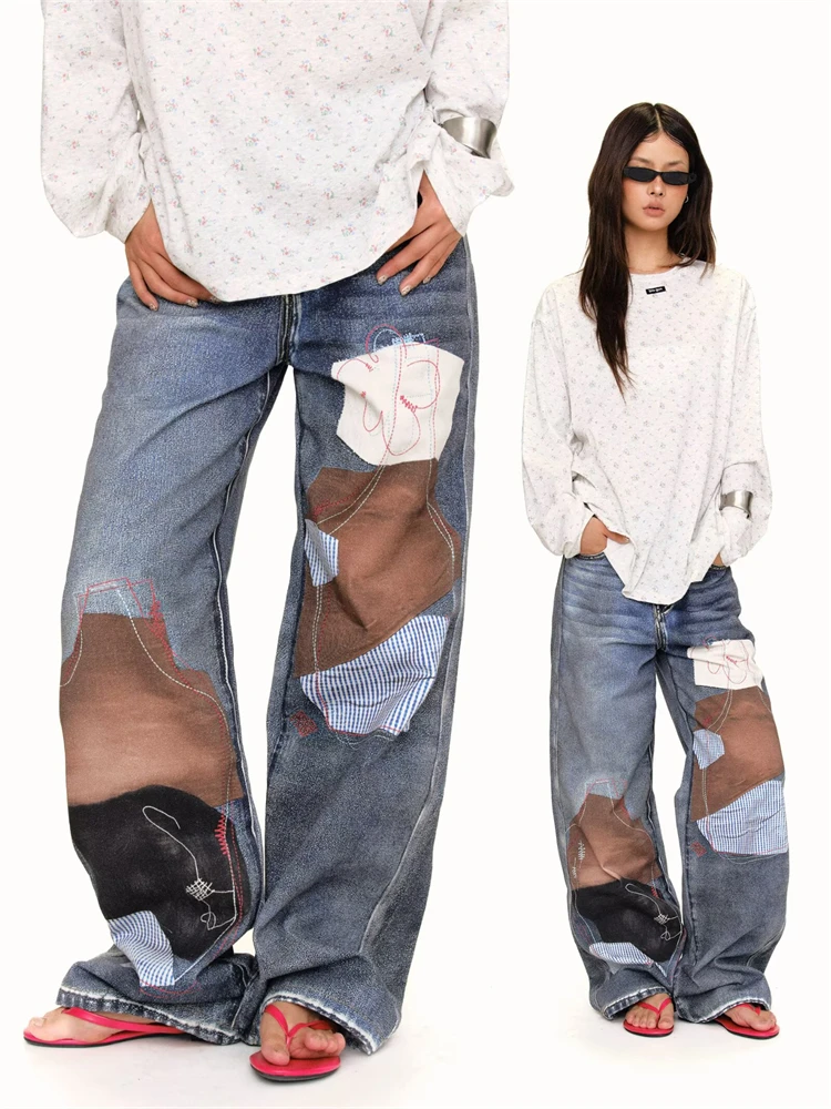 Women's Color-blocking Design Jeans Street Blue Casual Pants Cool Girl Retro Bottoms Wide Leg Sweatpants Female High Waist Pants
