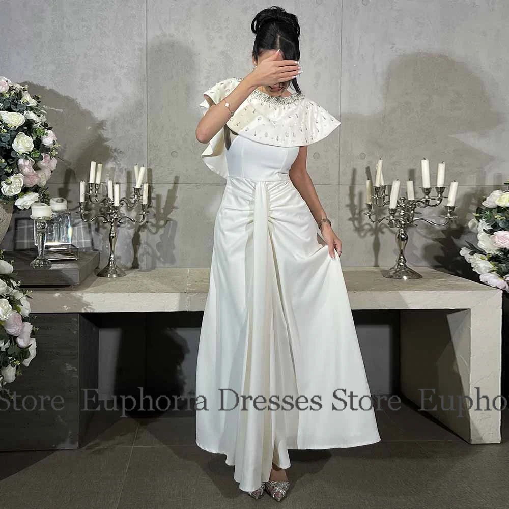 高級カクテルドレス 2025 サテン Aライン 誕生日パーティードレス アイボリー Oネック ビーズ プリーツ ラッフル プロムドレス ミディ