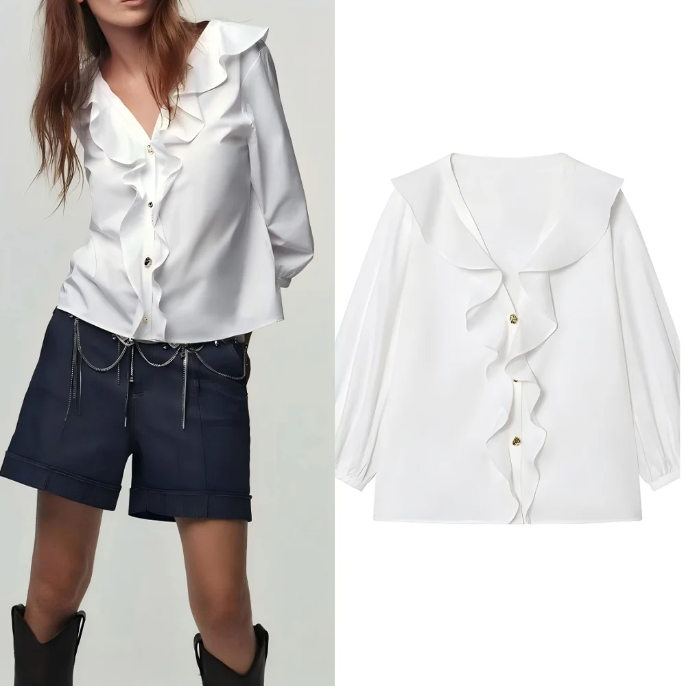 

Women's 2025 new fashion layered decoration casual single breasted poplin shirt retro V-neck long sleeved women's shirt chic top