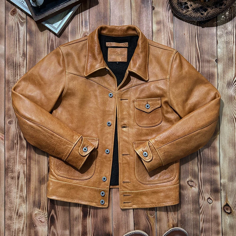 

Yellow Winter Leather Jacket Men Retro Style Plus Size 5XL Genuine Natural Thick Cowhide Single Breasted Leather Coat