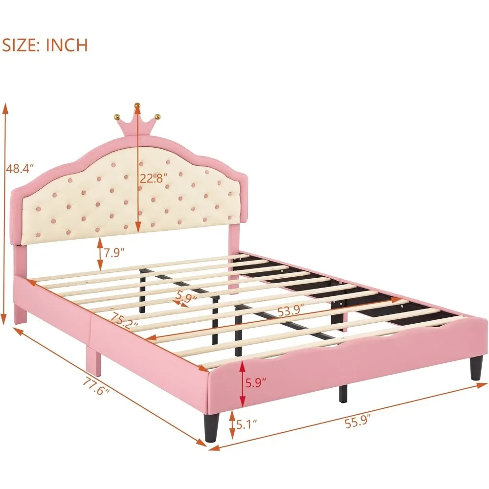 Full Size Bed Frame with CrownTufted Headboard, No Box Spring Needed, Upholstered Princess Bed Frame