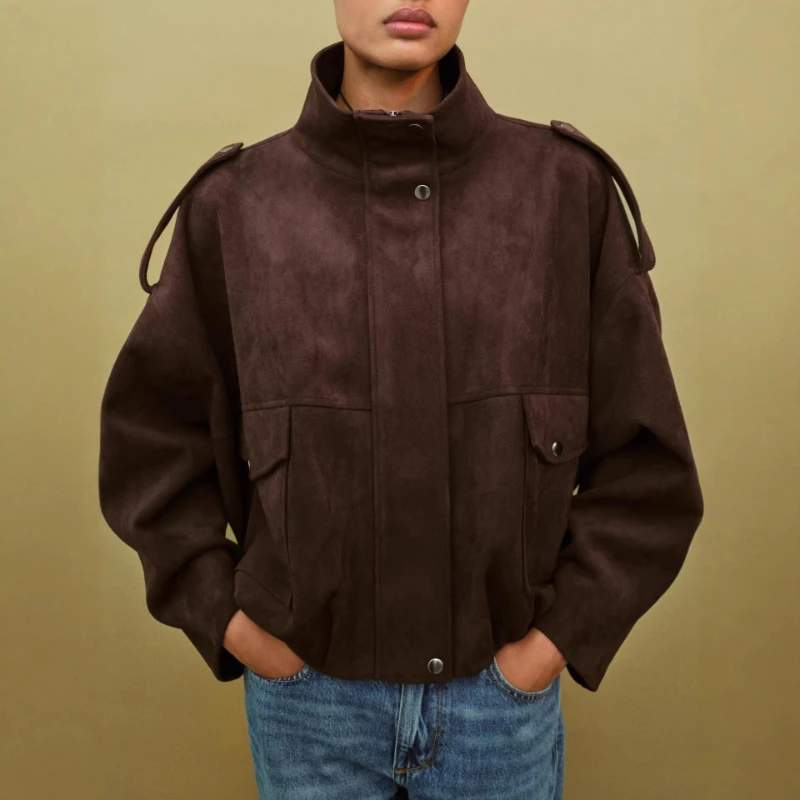 2026 Autumn and Winter Hot Selling New Casual Shoulder High-end Suede Standing Collar Flight Jacket for Women