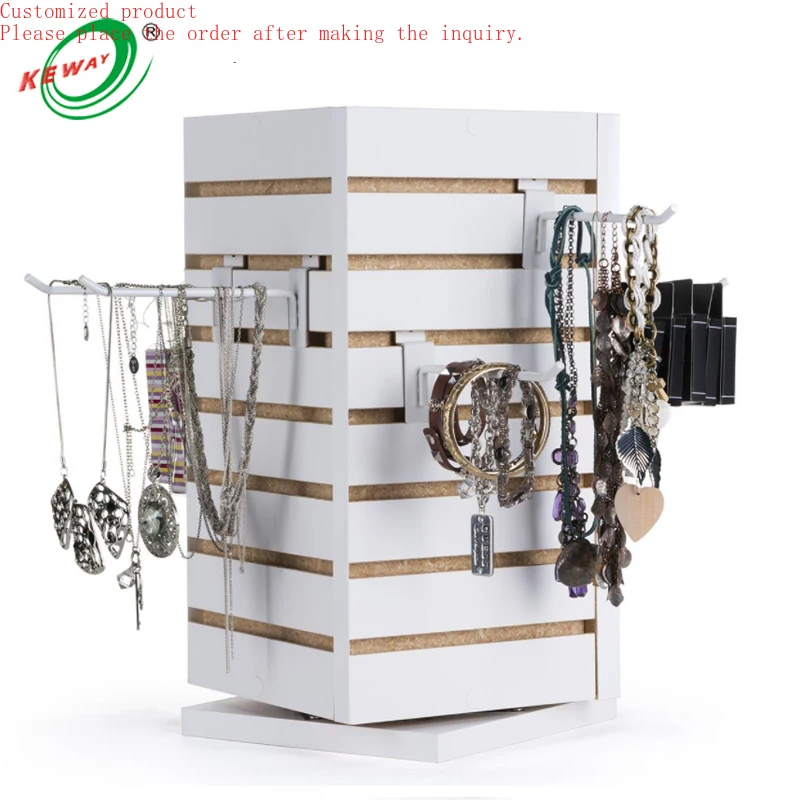 

Custom.HIKUYA MDF Rotated Slatwall Display Stand With Metal 4 Side Rotating Display Stand Counter Display for Shopping Store
