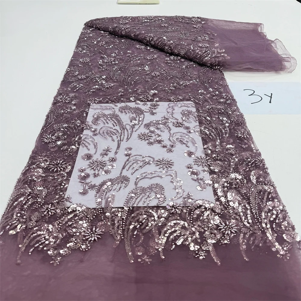 

African Nigerian Groom Tulle Lace Fabric High Quality Sequins Embroidery Beaded Nigerian French Wedding Party Dress 3 Yards