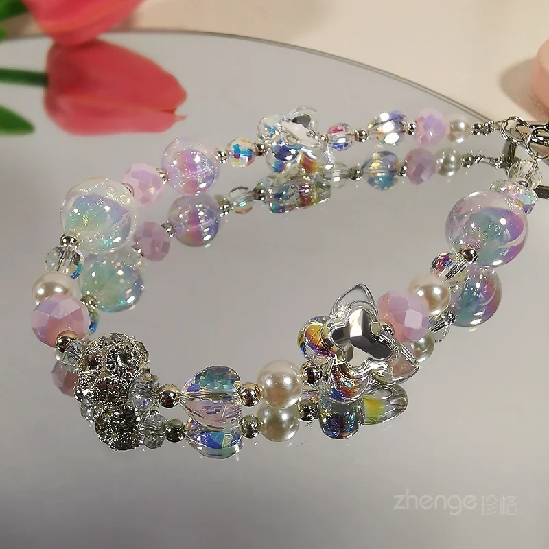 Mobile Phone Lanyard Crystal Bow Rhinestone Round Ball Pearl Mobile Phone Lanyard Small Fresh Wrist Rope Hand-beaded Lanyard