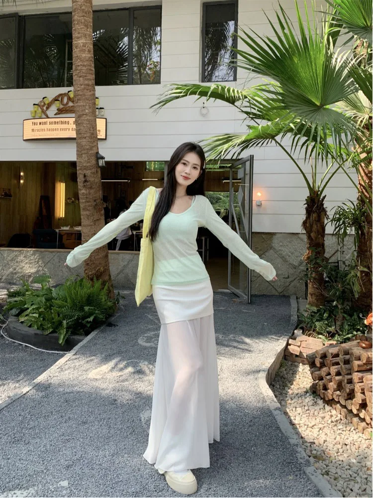 

Korean Sle Spring Fren Women's Faion Set Long Sve T-irt And f Skirt Splicing Design Young Looking Ootd