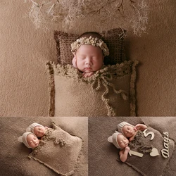 Newborn Baby Photography Props Headdress Brown Wool Background Blanket With Pocket Hat + Pillow Studio Baby Creative Photo Props