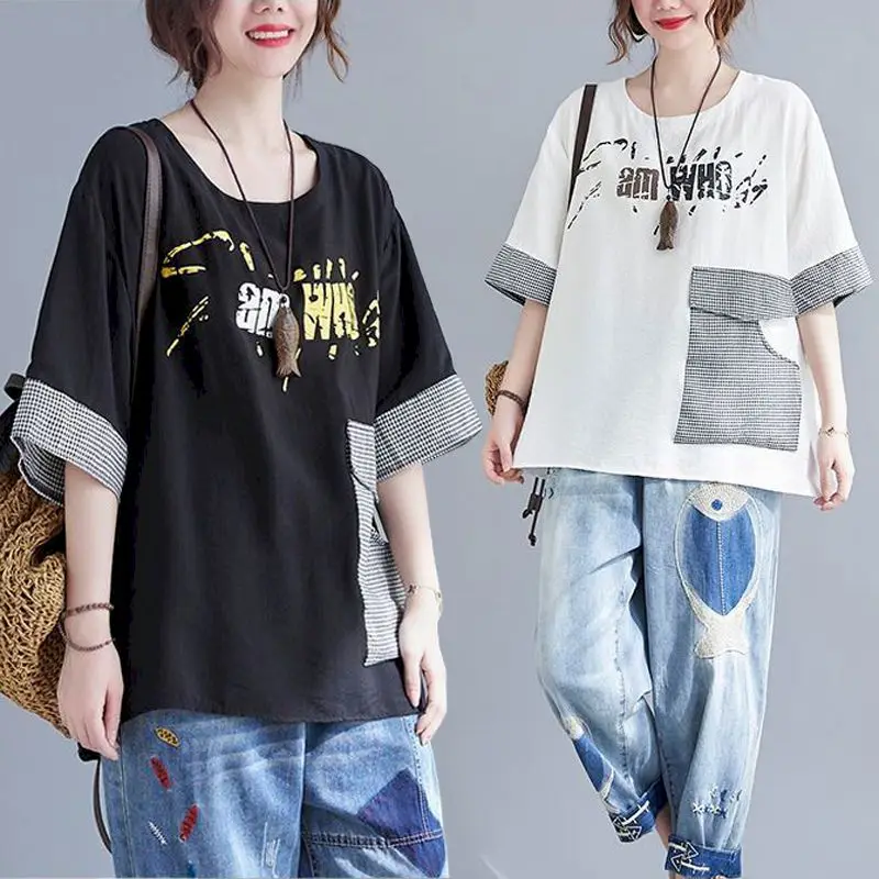 Cotton Linen Short-sleeved T Shirt Women Summer Korean Plaid Stitching Design Sense T-shirt Fashion Casual Loose Big Pocket Tops