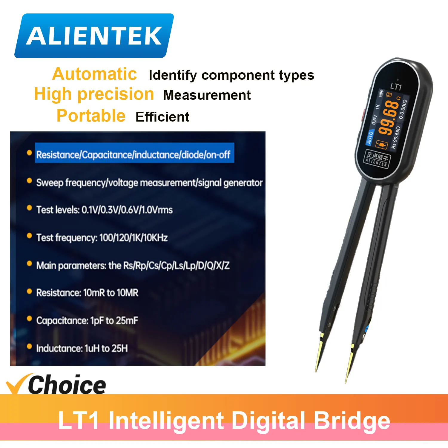 

ALIENTEK LT1 Digital TweezersLCR Tester Resistance capacitance Diode Inductancem Circuit board maintenance and inspection