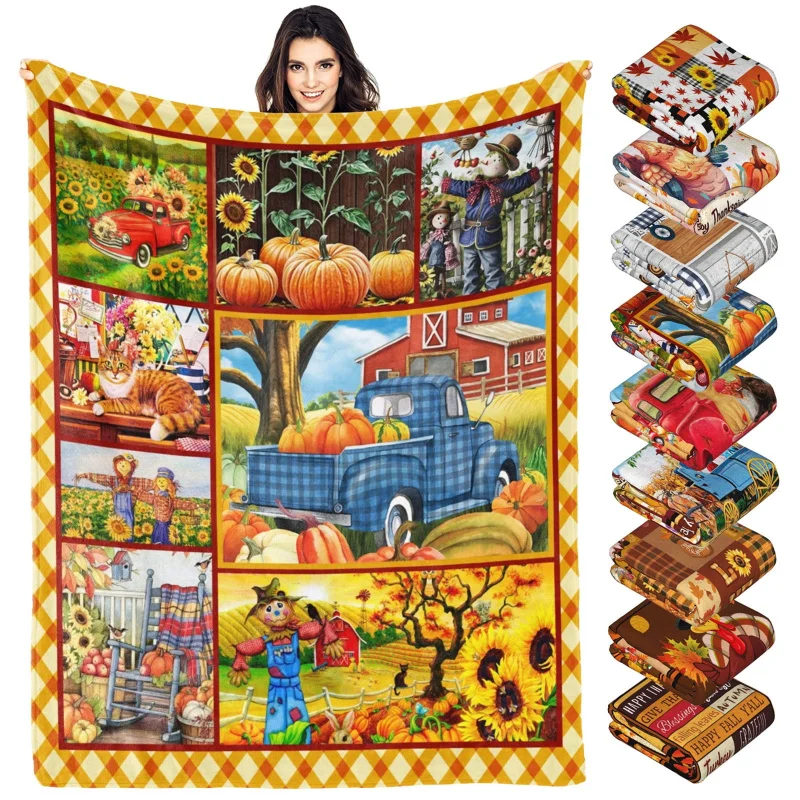 

Thanksgiving Pumpkin Truck Carpet Gift Children Adult Family Autumn Sunflower Decorative Blanket Bed Sofa Flannel Blanket Warm