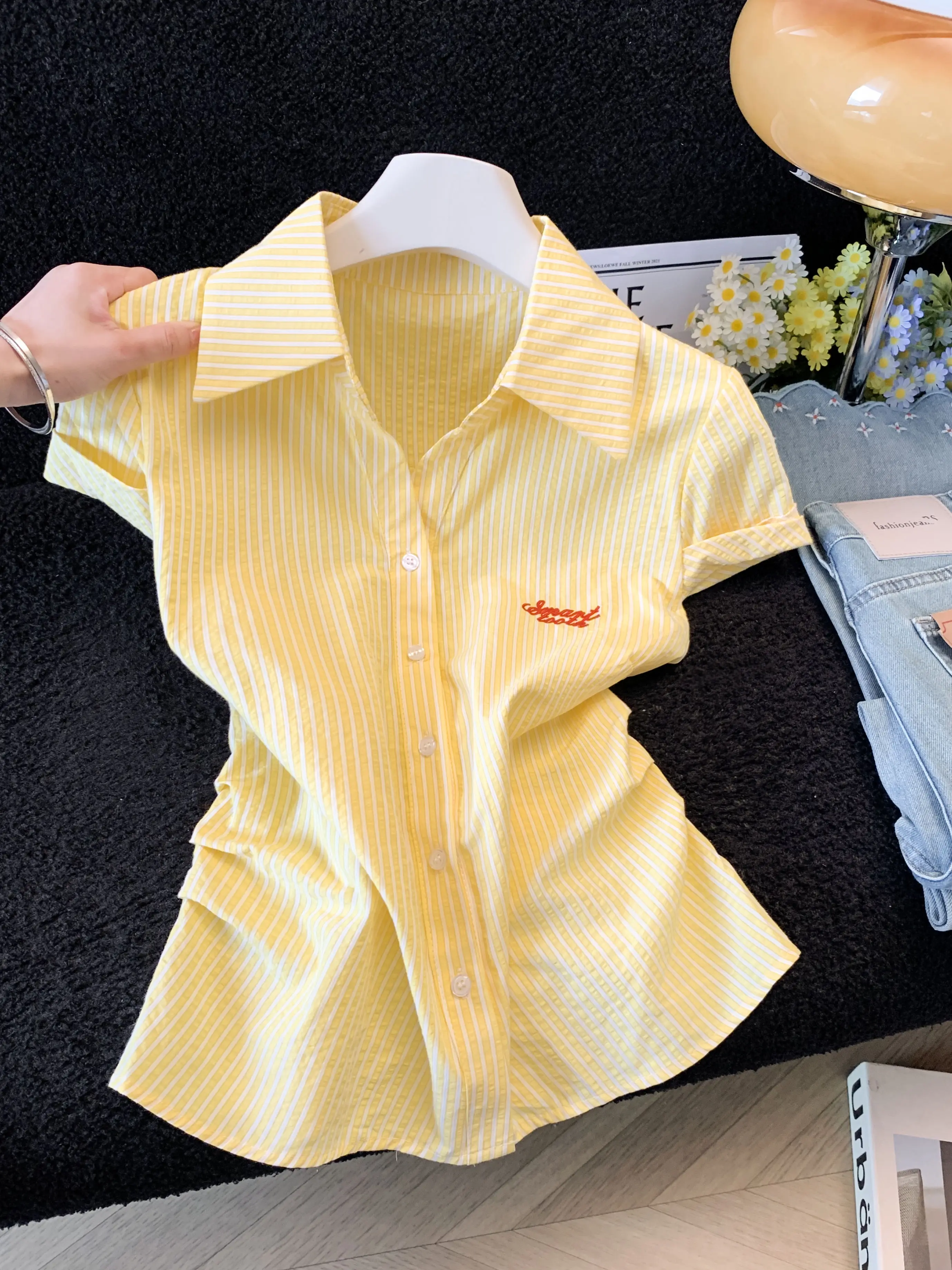 

Yellow Striped Short Sleeve Shirt Women's Slim Fit Waist Cinched Button up Casual Style Summer New Arrival Breathable Thin Fa...