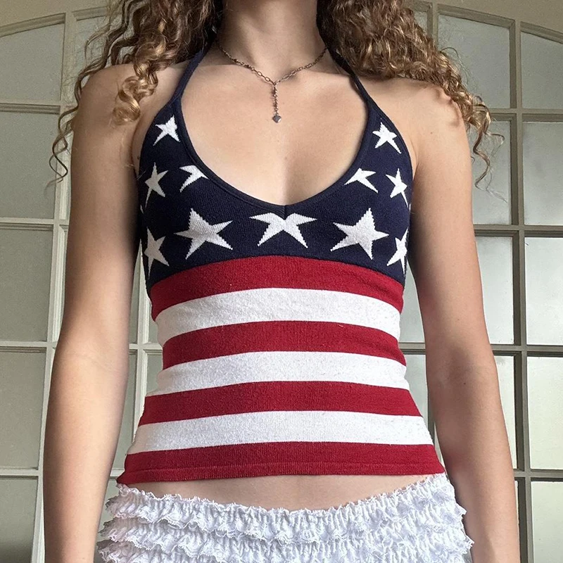 7 月 4 日ストライプスターコントラストニットキャミソール女性のスリムフィットスパゲッティストラップホルタータイアップクロップトップ Y2K コケットタンクトップ