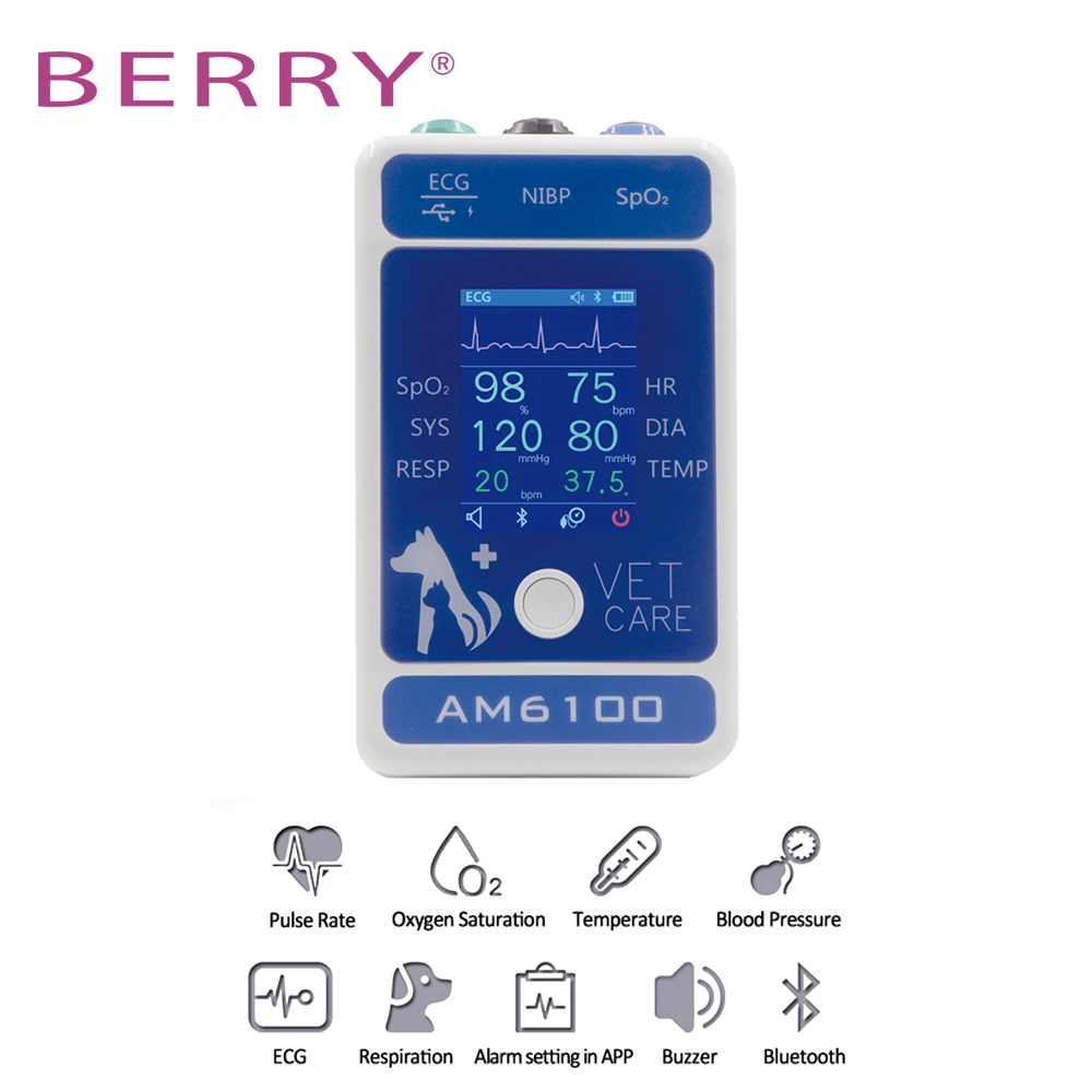 BERRY AM6100 Bluetooth Handheld Veterinary Monitor NIBP Blood Pressure Monitor Pulse Oximeter Probe Animal Circufere Pet Care