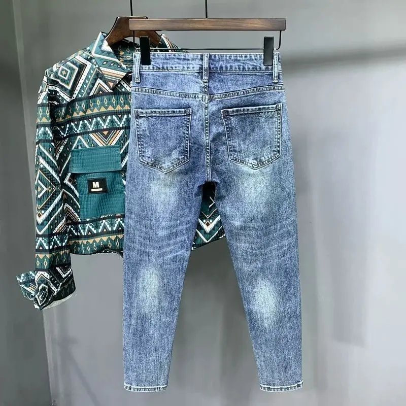 Fashion Korean Make Old Hole Cowboy Men Spring Vintage Elastic Force Slim High Waist Light Blue Youth Casual All-match Trousers