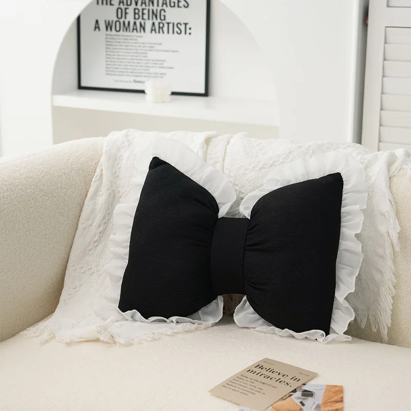 Modern Simple Sofa Pillow Living Room Bedside Cushion  Cute Bow Back Lace Edge  Comfortable and Breathable Pad