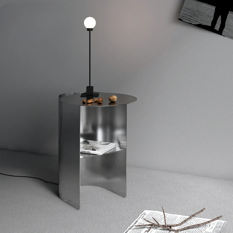 

Stainless steel bedside table modern household small coffee table minimalist round bedside storage table sofa