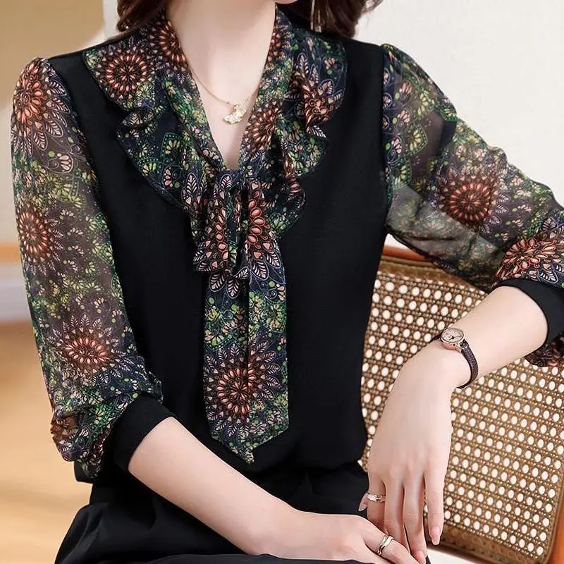 

Spring Summer New Fashionable Elegant Shirt Women with Flowing Collar Loose Long Sleeve Top Patchwork Casual Office Lady Tops