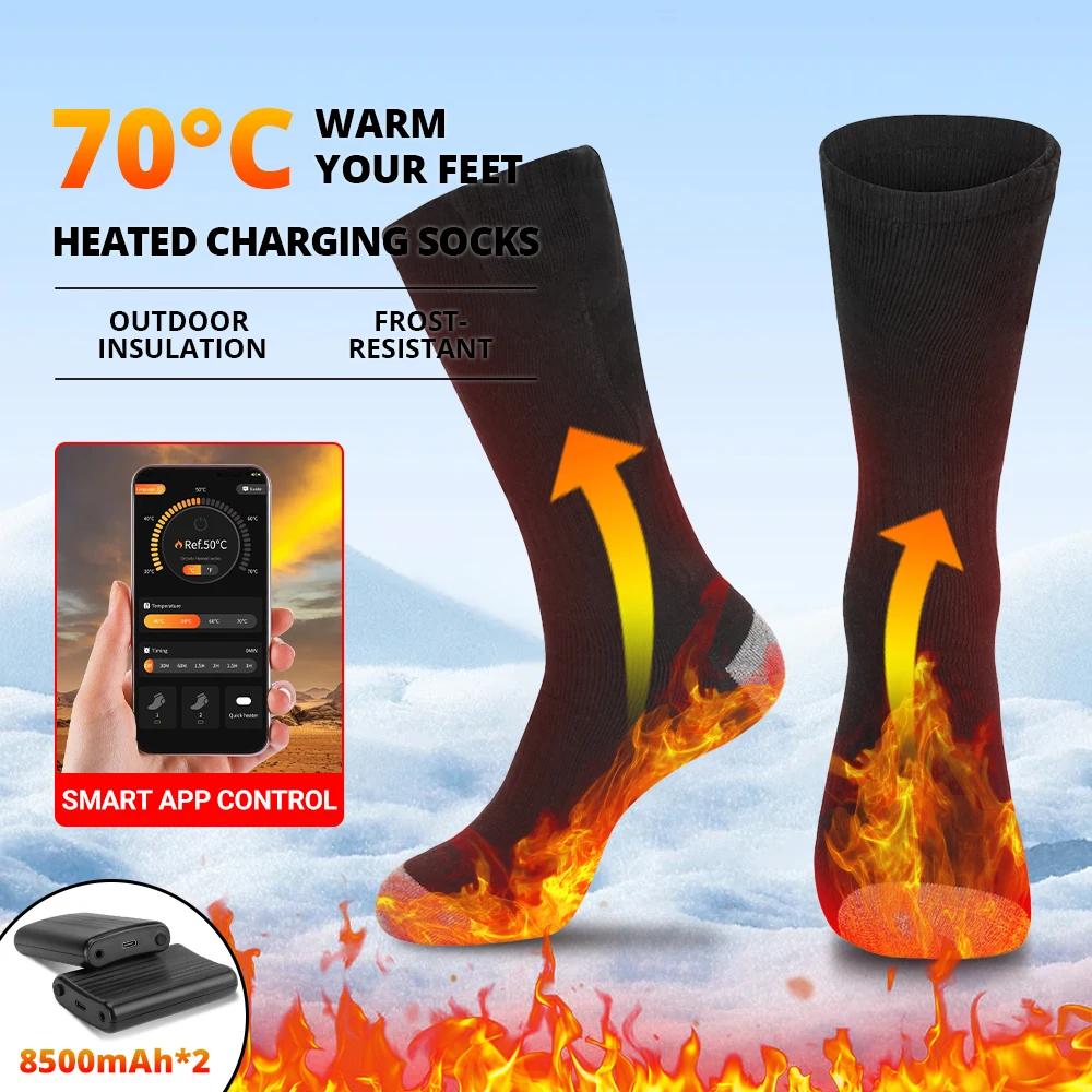 Calze Riscaldanti con Controllo APP, Batteria Ricaricabile da 8500mAh, Scaldapiedi Termico per Uomo e Donna, per Sci e Sport Invernali