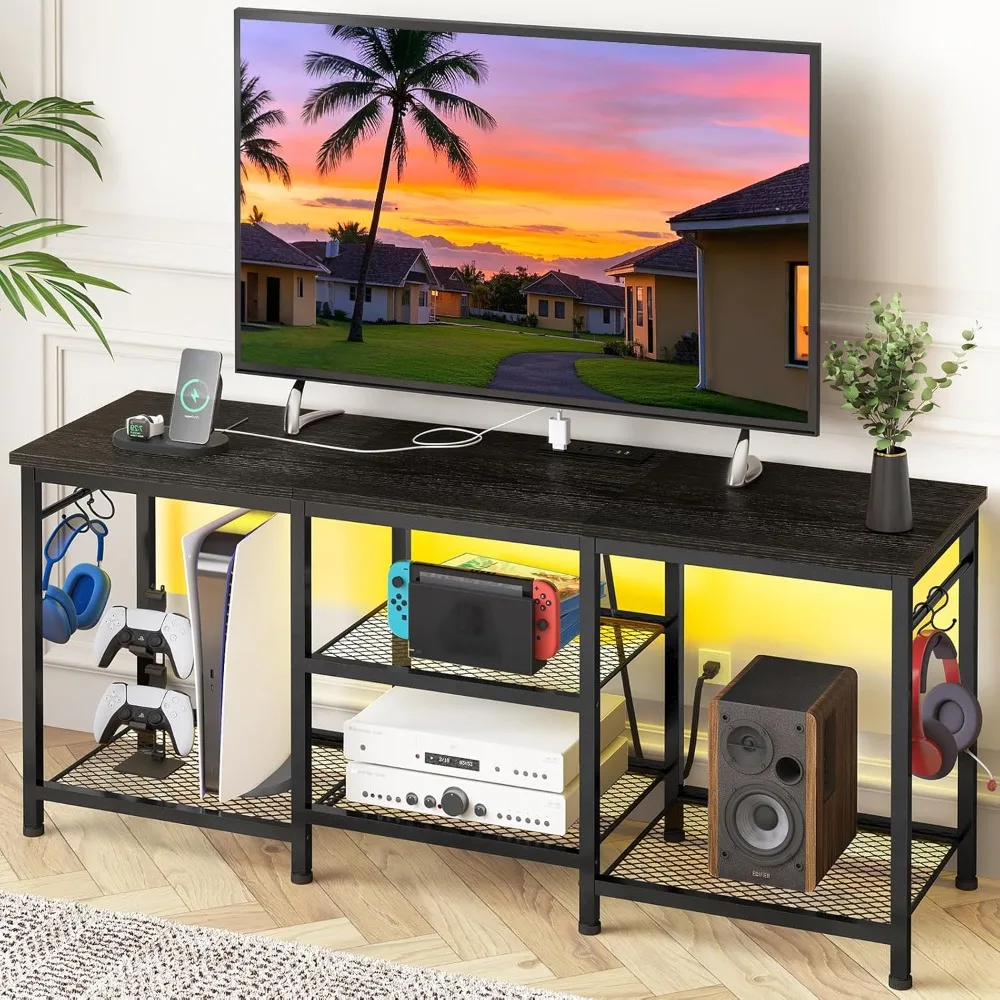 

Black TV Stand Entertainment Center for 55 Inch TVs, with Charging Station and Lights Open Storage Shelves, TV Media Console, O