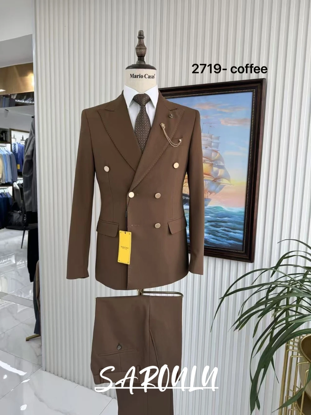 

Daily Classy Peak Lapel Suit Set For Men Handsome Premium Fabric Double Breasted Tuxedo Two Pieces Office Business Party Set