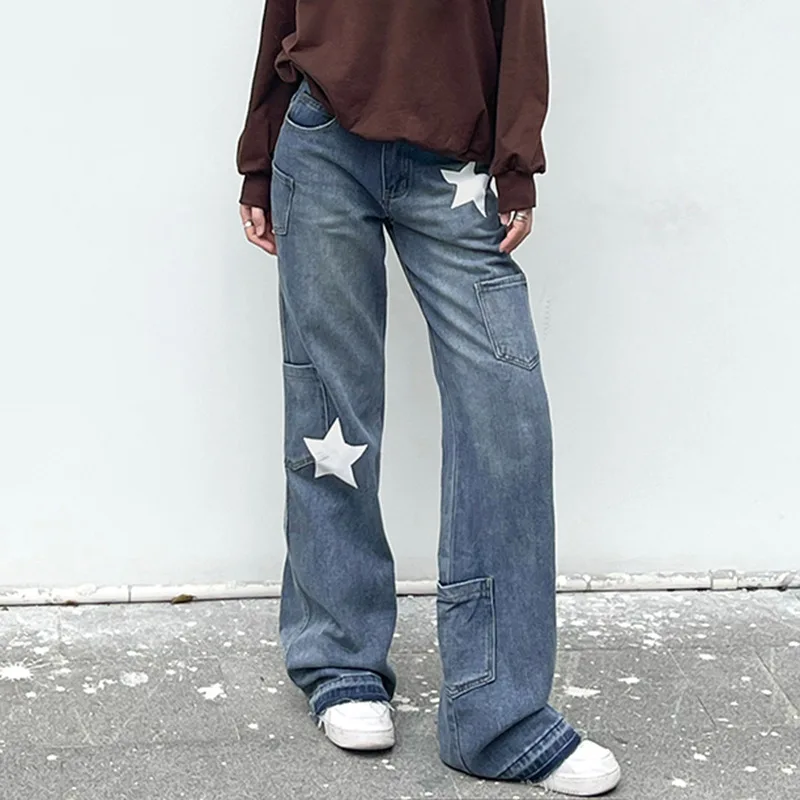 New Fashion Female Jeans Star Patterns High Waist Long Straight-Leg Pants With Pockets For Spring Fall Blue Streetwear S M L